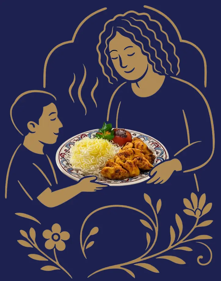 Sketch of a mom handing a plate of zereshk polo ba morgh to her child.